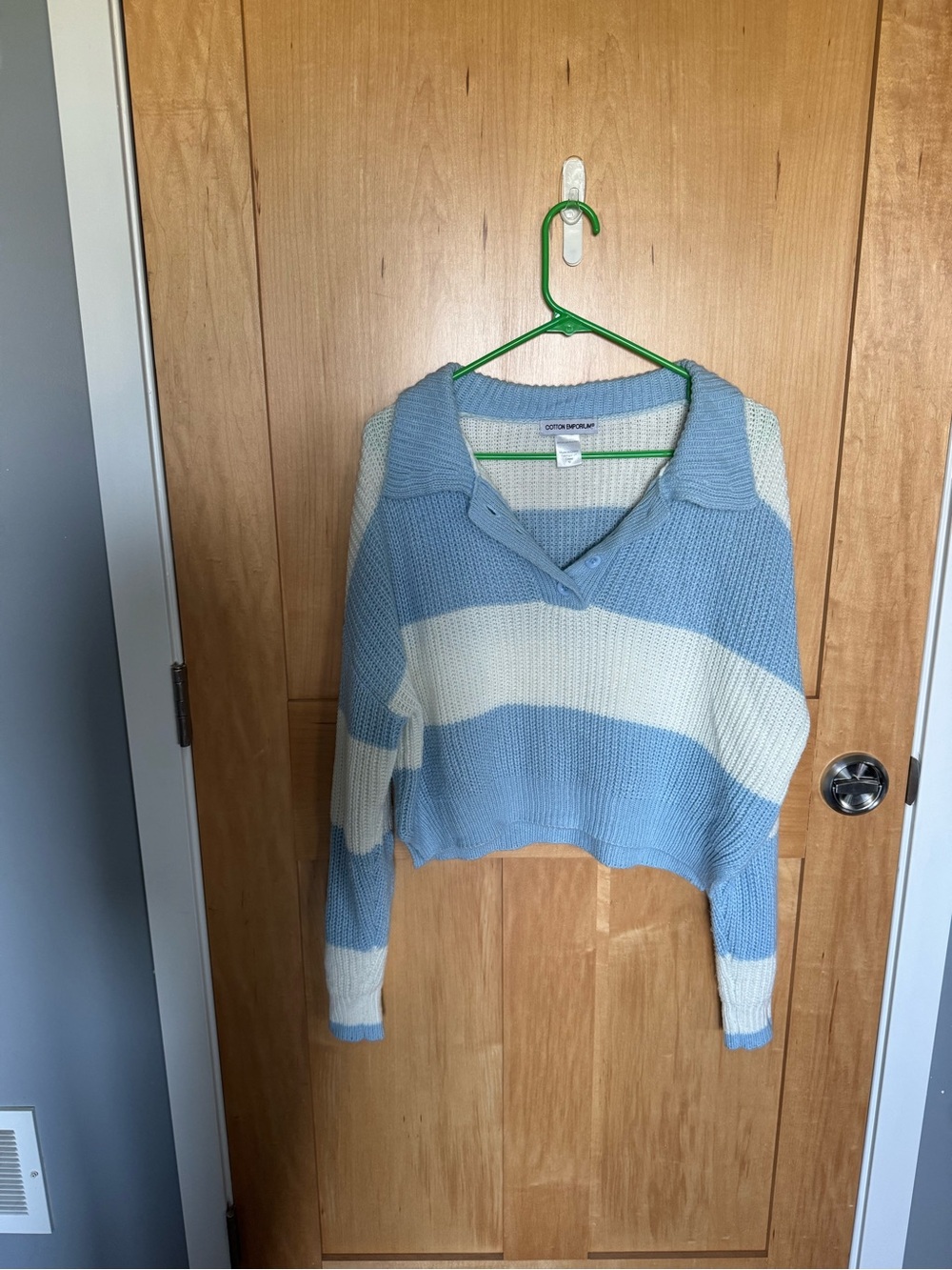 Cotton On Light Blue & Cream Striped V-Neck Collared Sweater